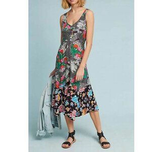 Anthropologie Midi Dress 2 Sleeveless Floral A-Line V-Neck Asymmetric Hem Spring